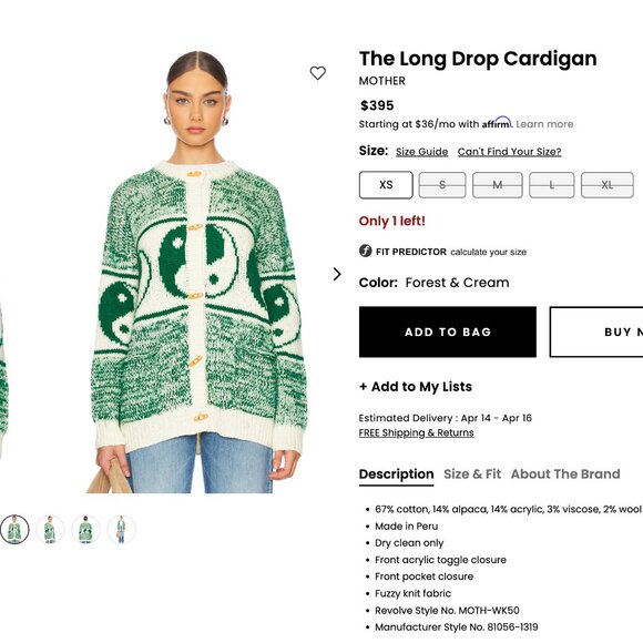 MOTHER Denim Long Drop Cardigan in Forest and Cream - Picture 3 of 9